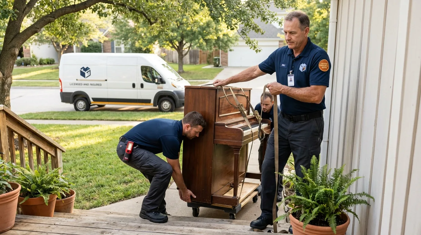 Licensed piano movers securing grand piano in Union Grove, WI
