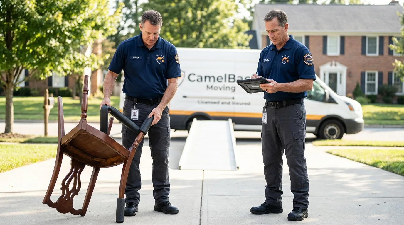 Movers inspecting furniture for damage prevention before loading in Union Grove, WI