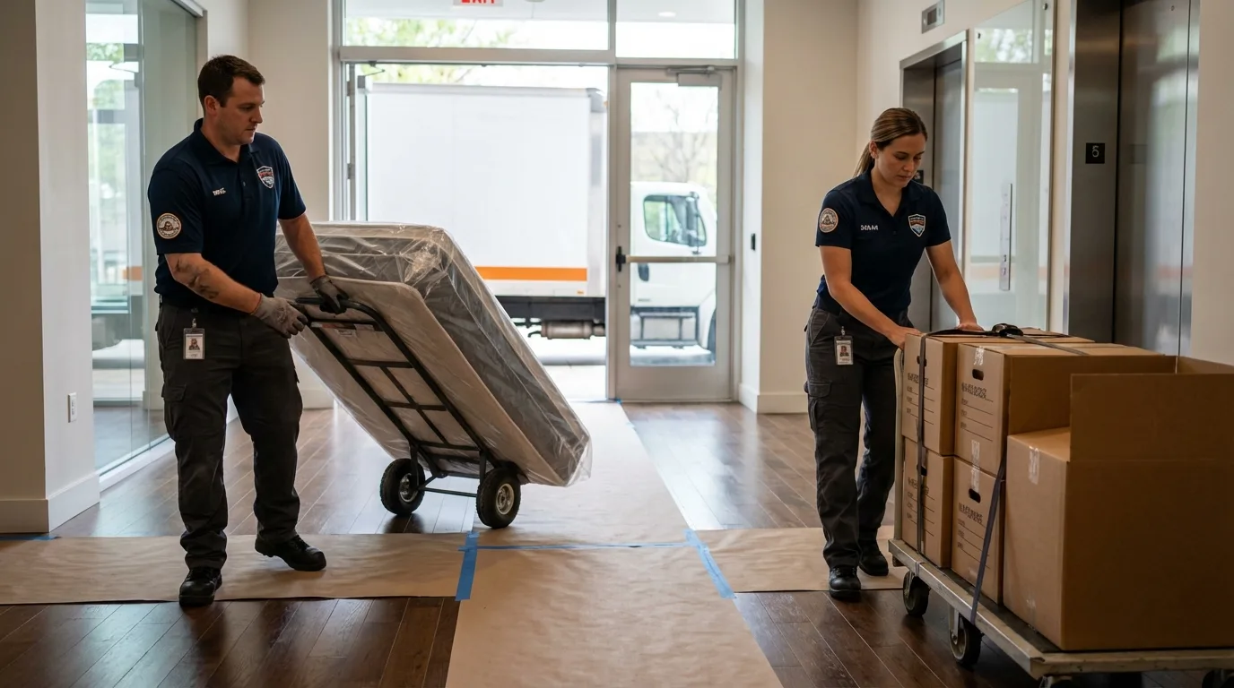 Professional apartment movers loading elevator in Union Grove, WI