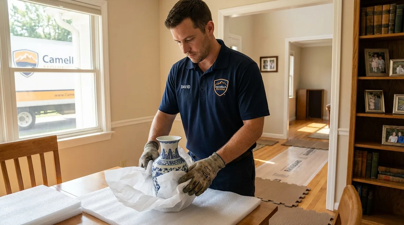 Professional crew carefully wrapping antique vase for senior downsizing move in Union Grove, WI